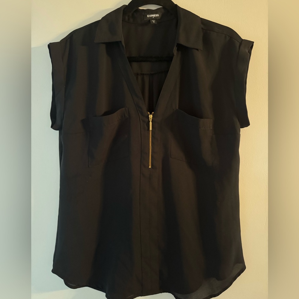 Express Black Short-Sleeve Zip-Front Blouse with Chest Pockets